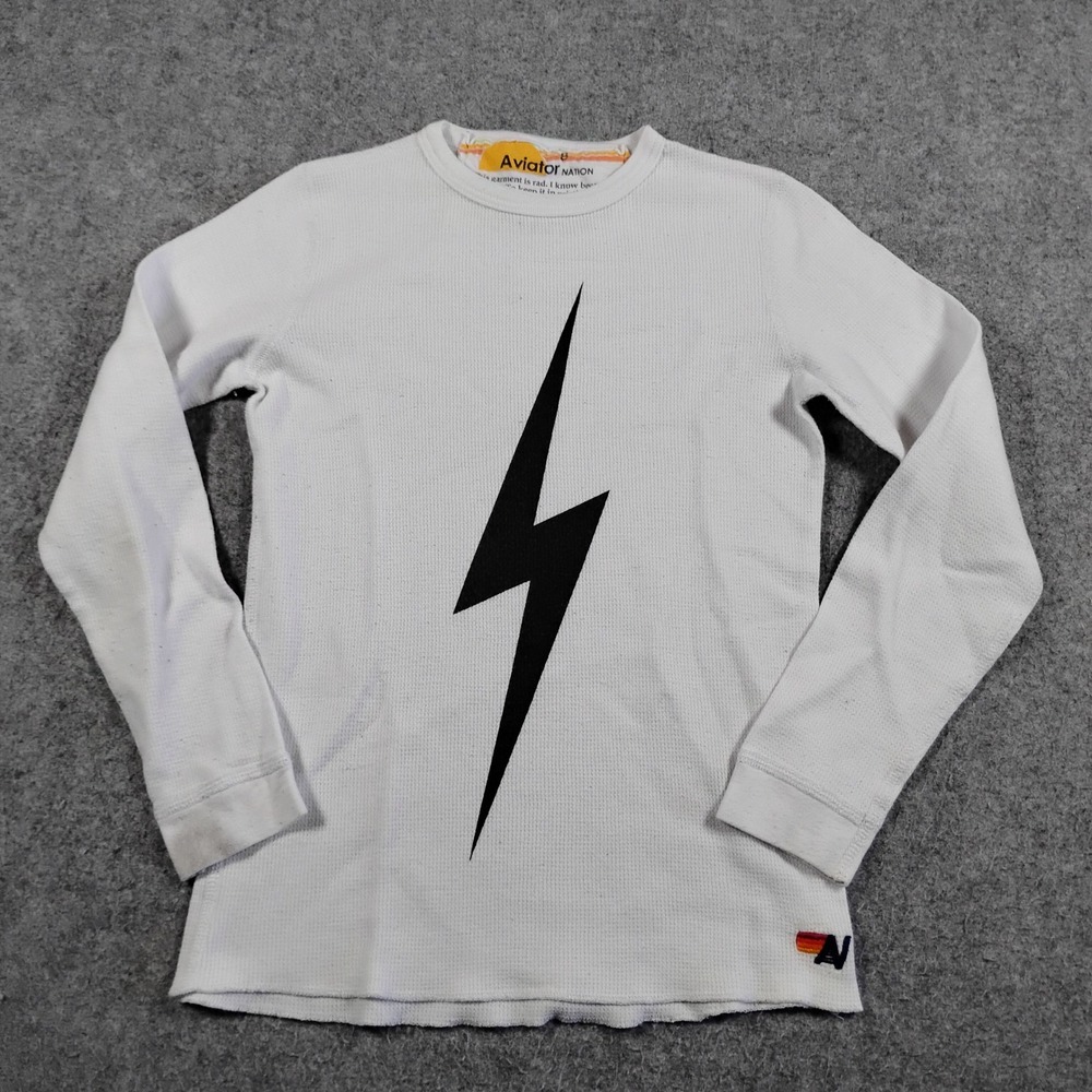 Aviator Nation Youth 8 Thermal Long Sleeve Shirt White Black Lightning Bolt Kids